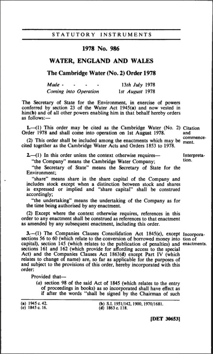 The Cambridge Water (No. 2) Order 1978