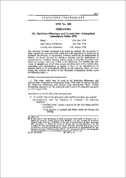 The Medicines (Pharmacy and General Sale—Exemption) Amendment Order 1978