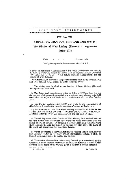 The District of West Lindsey (Electoral Arrangements) Order 1978