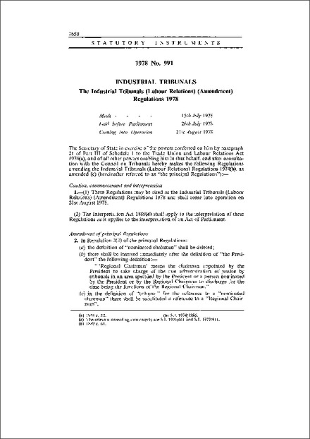 The Industrial Tribunals (Labour Relations) (Amendment) Regulations 1978