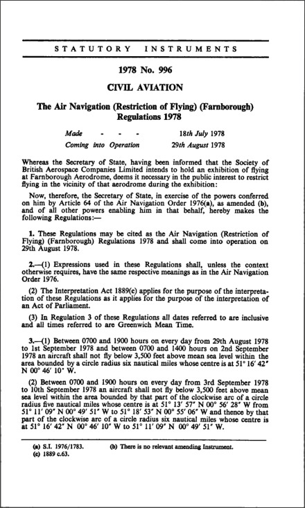 The Air Navigation (Restriction of Flying) (Farnborough) Regulations 1978