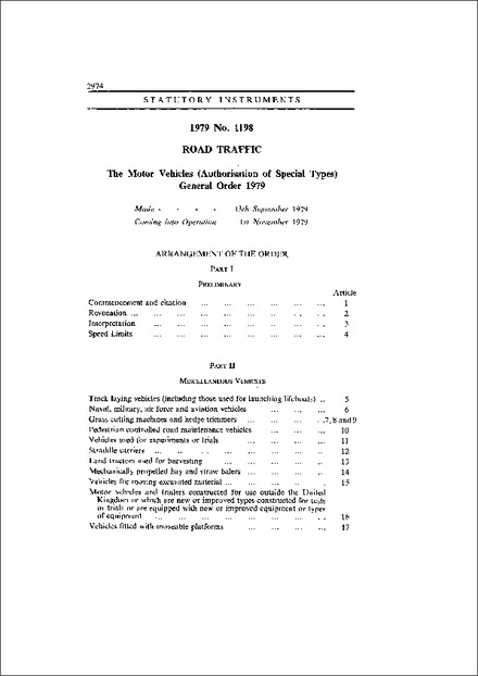 The Motor Vehicles (Authorisation of Special Types) General Order 1979