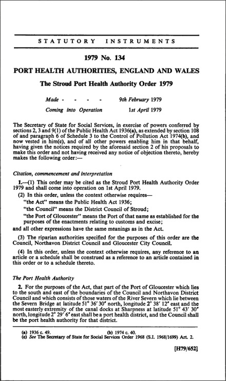The Stroud Port Health Authority Order 1979