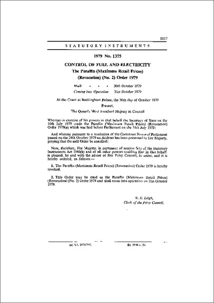 The Paraffin (Maximum Retail Prices) (Revocation) (No. 2) Order 1979