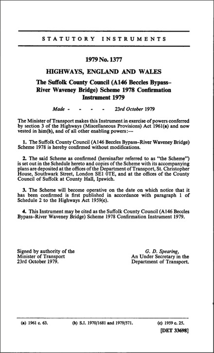 The Suffolk County Council (A146 Beccles Bypass—River Waveney Bridge) Scheme 1978 Confirmation Instrument 1979