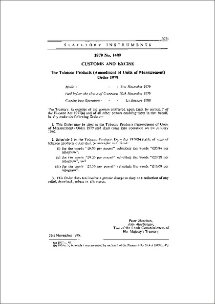 The Tobacco Products (Amendment of Units of Measurement) Order 1979