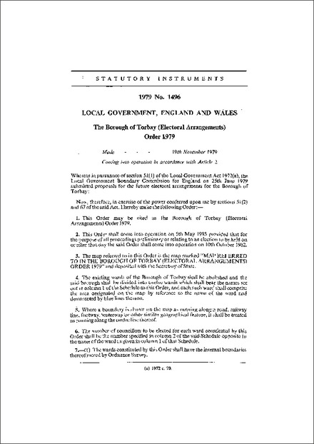 The Borough of Torbay (Electoral Arrangements) Order 1979