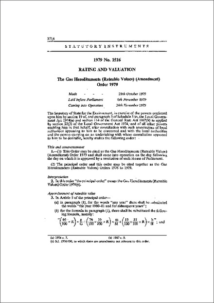 The Gas Hereditaments (Rateable Values) (Amendment) Order 1979