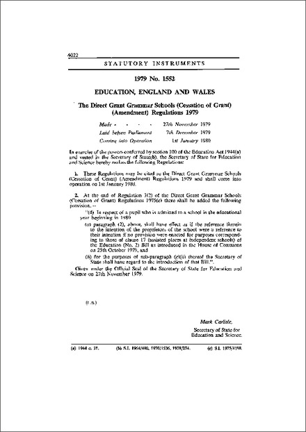 The Direct Grant Grammar Schools (Cessation of Grant) (Amendment) Regulations 1979
