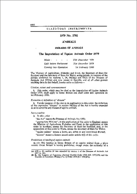 The Importation of Equine Animals Order 1979