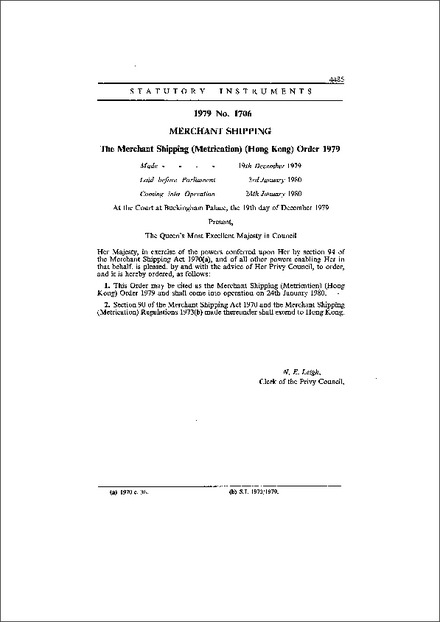 The Merchant Shipping (Metrication) (Hong Kong) Order 1979