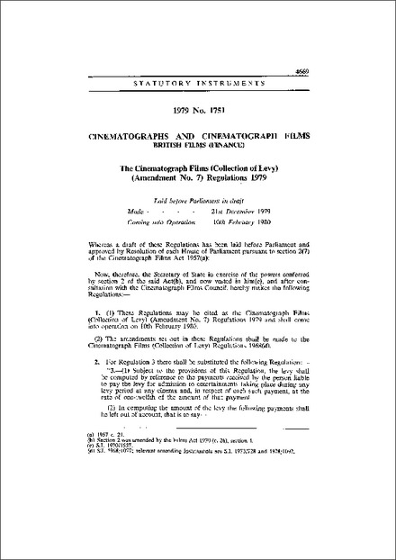 The Cinematograph Films (Collection of Levy) (Amendment No. 7) Regulations 1979