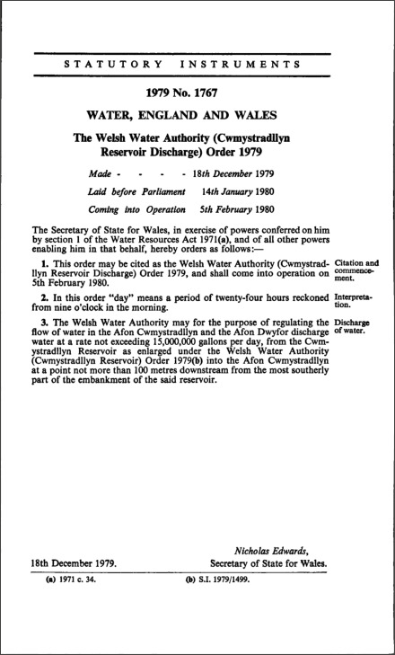 The Welsh Water Authority (Cwmystradllyn Reservoir Discharge) Order 1979
