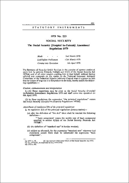 The Social Security (Hospital In-Patients) Amendment Regulations 1979