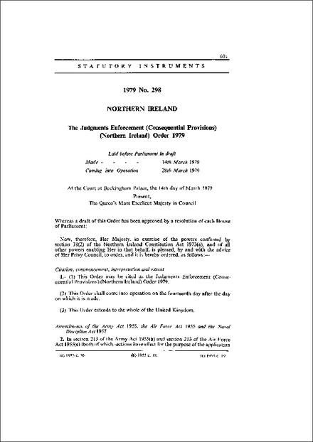 The Judgments Enforcement (Consequential Provisions) (Northern Ireland) Order 1979