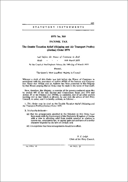 The Double Taxation Relief (Shipping and Air Transport Profits) (Jordan) Order 1979