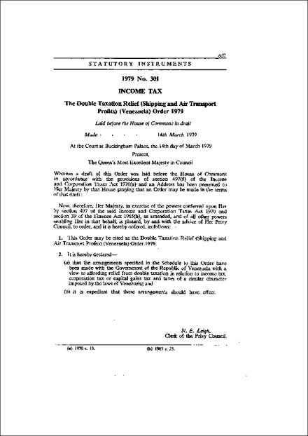 The Double Taxation Relief (Shipping and Air Transport Profits) (Venezuela) Order 1979