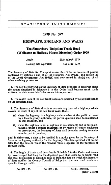 The Shrewsbury-Dolgellau Trunk Road (Wollaston to Halfway House Diversion) Order 1979
