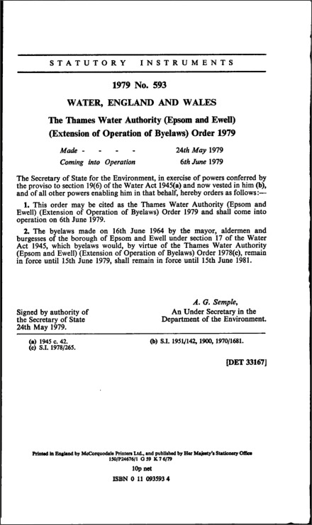 The Thames Water Authority (Epsom and Ewell) (Extension of Operation of Byelaws) Order 1979