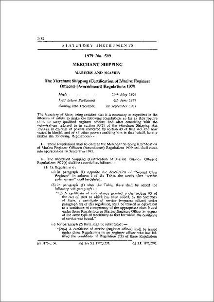 The Merchant Shipping (Certification of Marine Engineer Officers) (Amendment) Regulations 1979