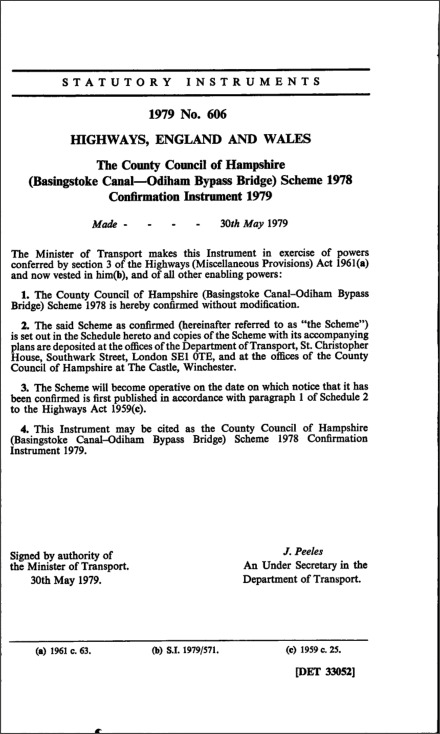 The County Council of Hampshire (Basingstoke Canal—Odiham Bypass Bridge) Scheme 1978 Confirmation Instrument 1979