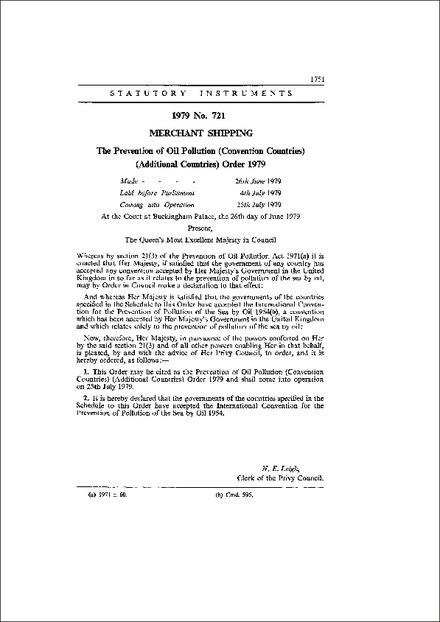 The Prevention of Oil Pollution (Convention Countries) (Additional Countries) Order 1979