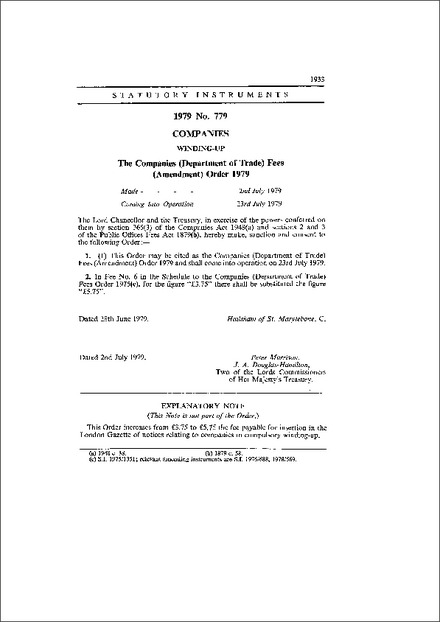 The Companies (Department of Trade) Fees (Amendment) Order 1979