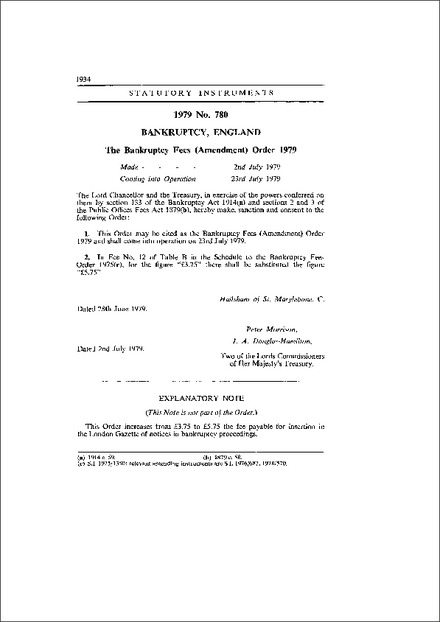 The Bankruptcy Fees (Amendment) Order 1979