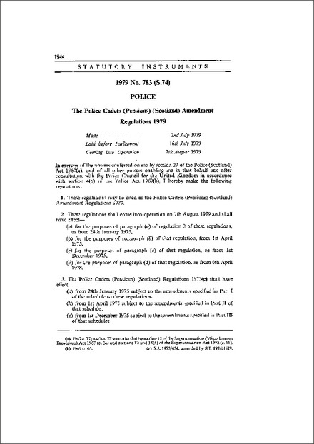 The Police Cadets (Pensions) (Scotland) Amendment Regulations 1979