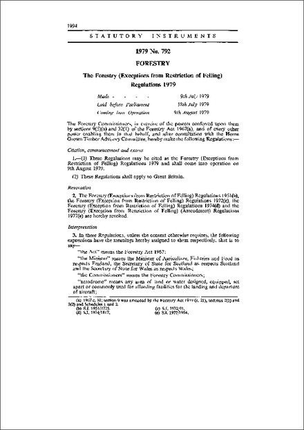 The Forestry (Exceptions from Restriction of Felling) Regulations 1979