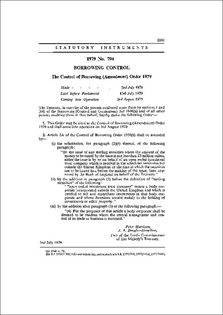 The Control of Borrowing (Amendment) Order 1979