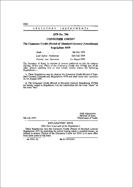 The Consumer Credit (Period of Standard Licence) (Amendment) Regulations 1979