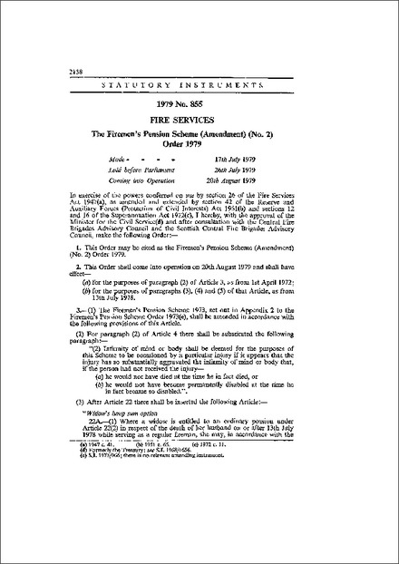 The Firemen's Pension Scheme (Amendment) (No. 2) Order 1979