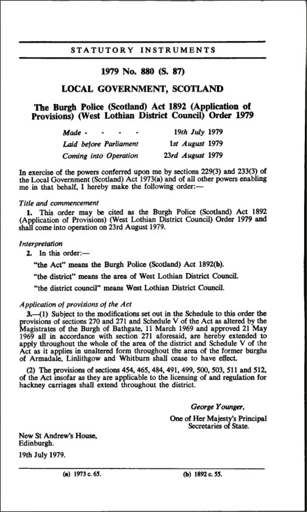 The Burgh Police (Scotland) Act 1892 (Application of Provisions) (West Lothian District Council) Order 1979