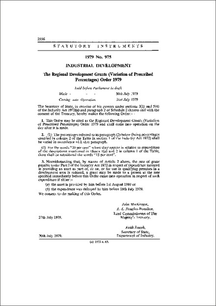 The Regional Development Grants (Variation of Prescribed Percentages) Order 1979