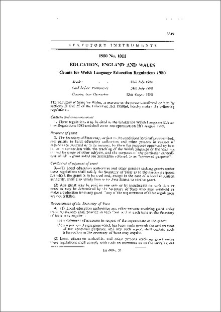 Grants for Welsh Language Education Regulations 1980