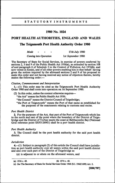 The Teignmouth Port Health Authority Order 1980