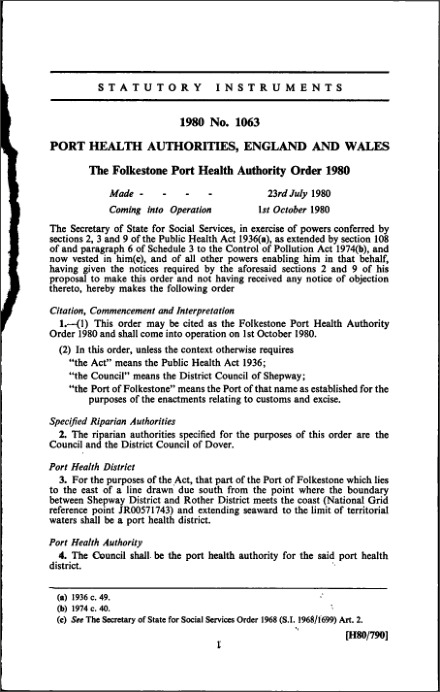 The Folkestone Port Health Authority Order 1980