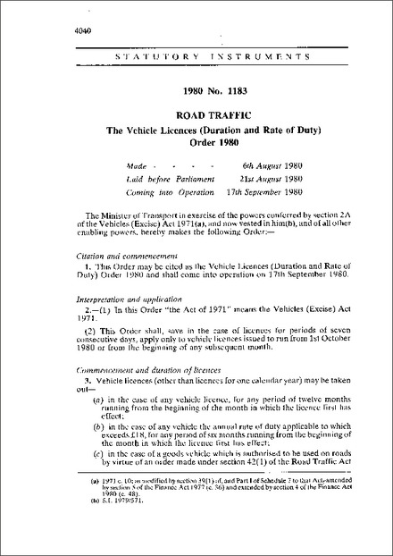 The Vehicle Licences (Duration and Rate of Duty) Order 1980