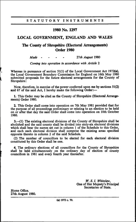 The County of Shropshire (Electoral Arrangements) Order 1980