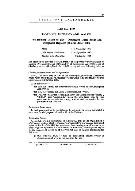 The Housing (Right to Buy) (Designated Rural Areas and Designated Regions) (Wales) Order 1980