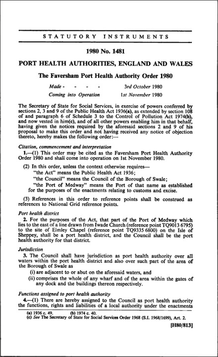 The Faversham Port Health Authority Order 1980