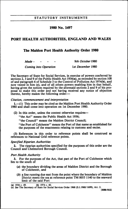 The Maldon Port Health Authority Order 1980
