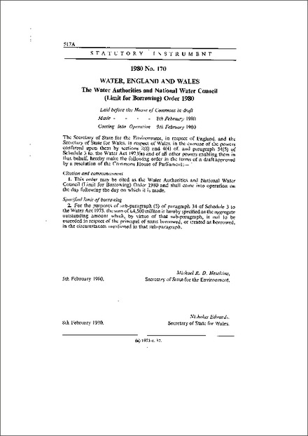 The Water Authorities and National Water Council (Limit for Borrowing) Order 1980