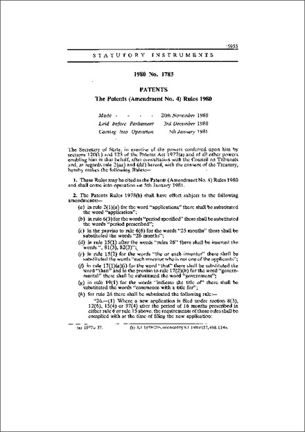 The Patents (Amendment No. 4) Rules 1980