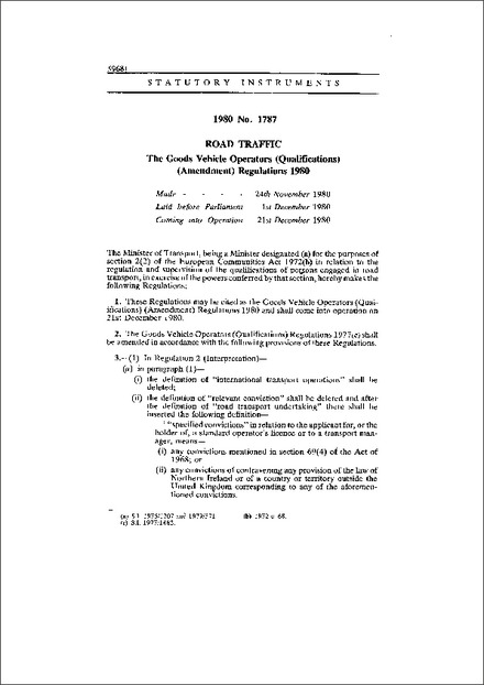 The Goods Vehicle Operators (Qualifications) (Amendment) Regulations 1980