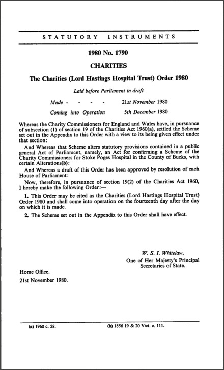 The Charities (Lord Hastings Hospital Trust) Order 1980
