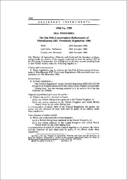 The Sea Fish (Conservation) (Enforcement of Miscellaneous EEC Provisions) Regulations 1980