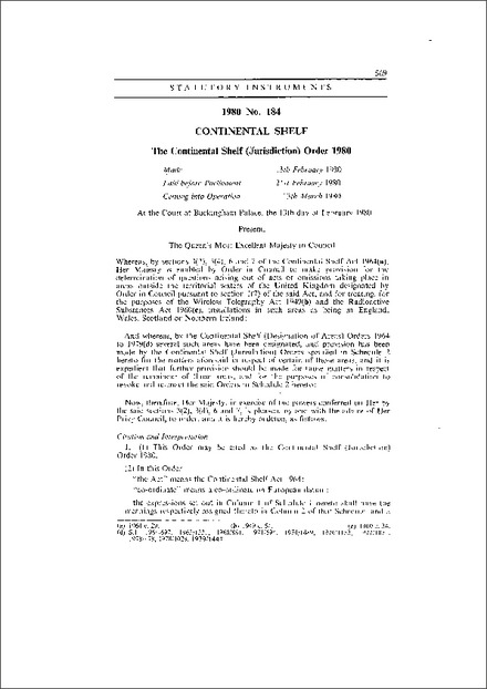 The Continental Shelf (Jurisdiction) Order 1980