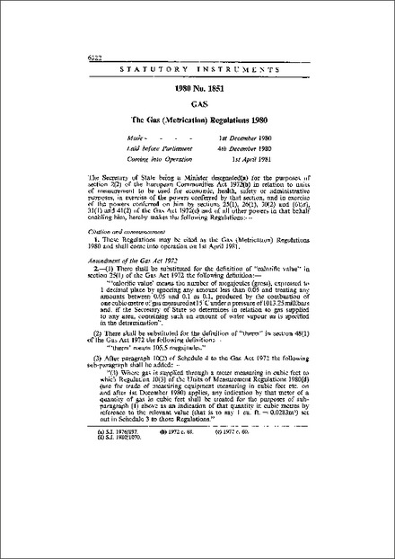 The Gas (Metrication) Regulations 1980